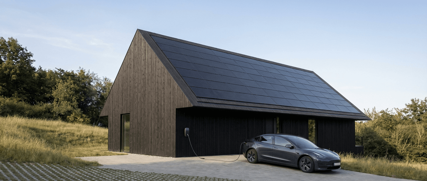 Casa rural con placas solares y coche cargando